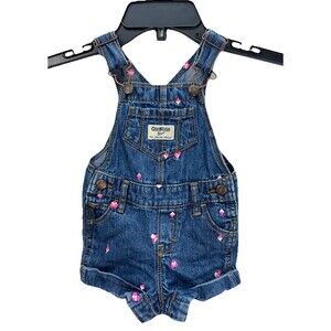 OshKosh Vestbak Denim Jean Overalls Shorts Size 6 Months Embroidered Pink Hearts